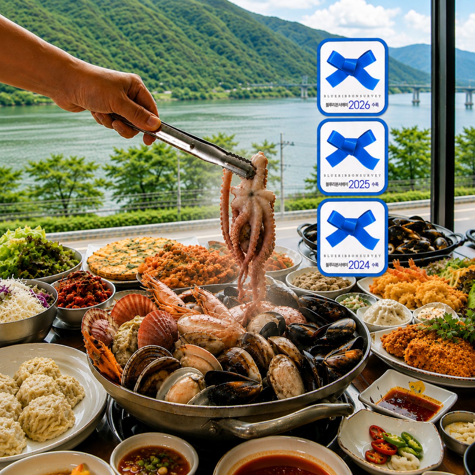 북한강이 보이는 창가에 차려진 조태산해물칼국수 한 상